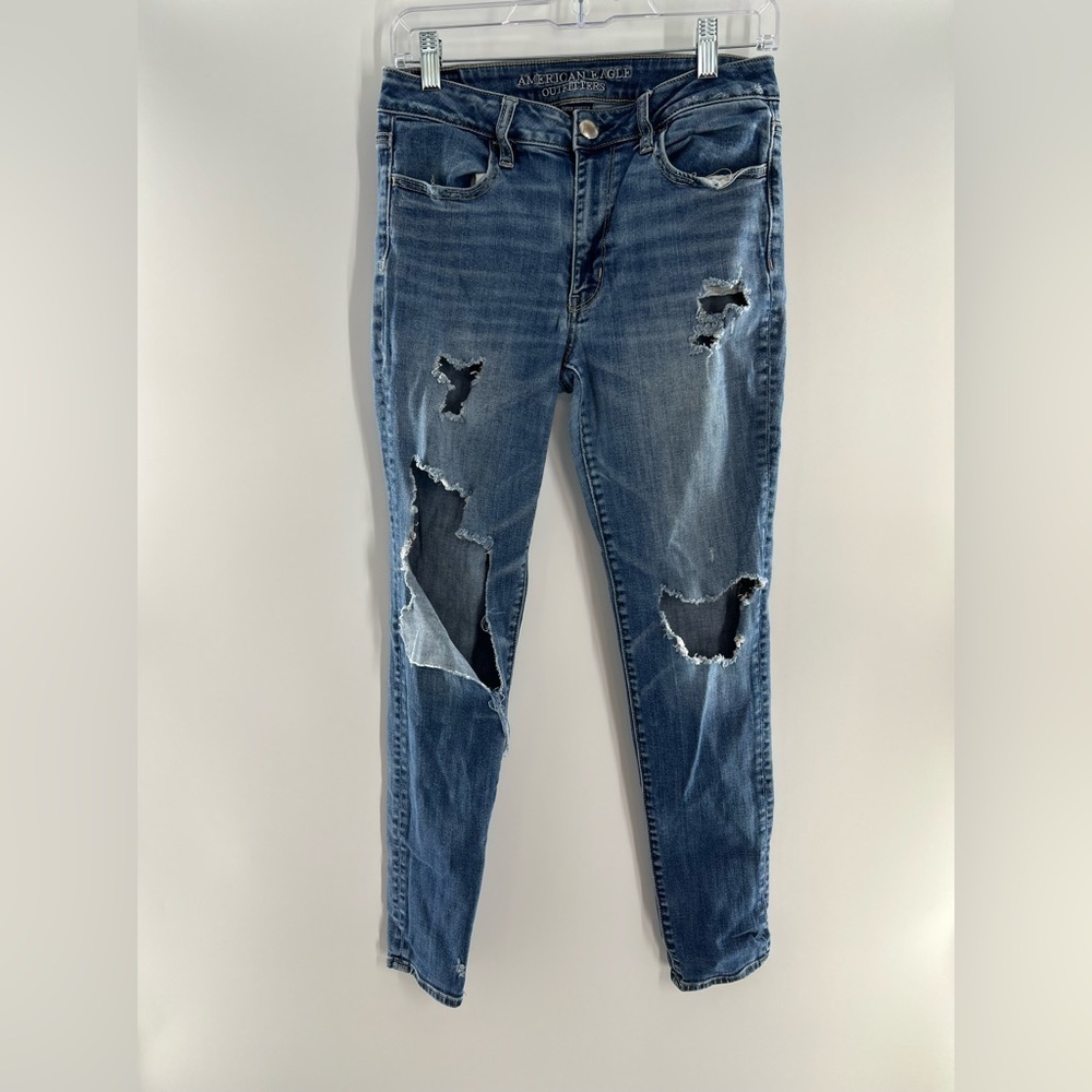 AEO AMERICAN EAGLE DESTROYED SUPER STRETCH HIGH RISE JEGGINGS JEANS SIZE 8